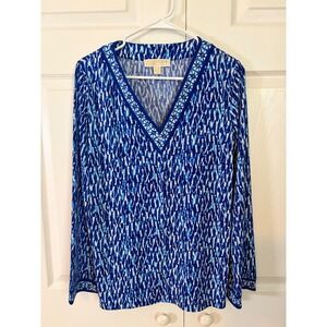 Michael Michael Kors Womens Blue White Ikat Print V-Neck Long Sleeve Tunic Top M